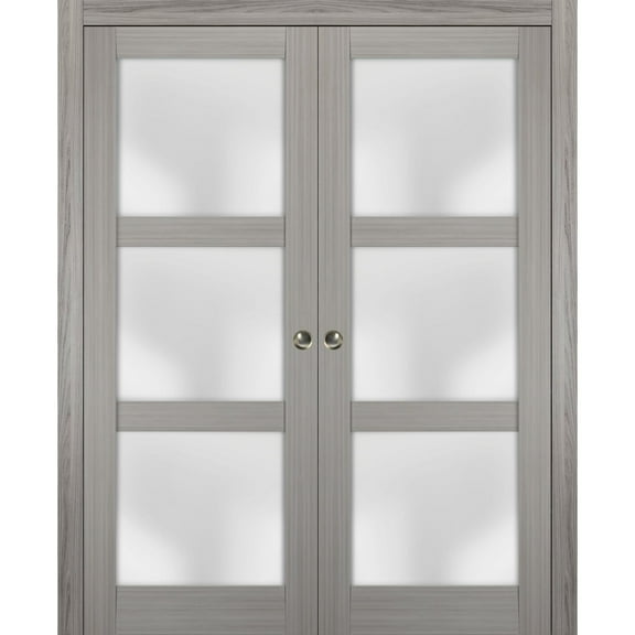 Sliding French Double Pocket Doors 64 x 80 inches Frosted Glass | Lucia 2552 Grey Ash | Kit Trims Rail Hardware | Solid Wood Interior Bedroom Sturdy Doors