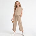 thumbnail image 6 of Zpanxa Girls V Neck Henley Short Sleeve Top Wide Leg Pants Set Casual Two Piece Outfit Toddler Khaki 9 Years, 6 of 9