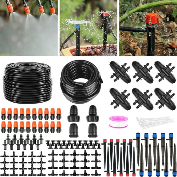 240FT Drip Irrigation System,Automatic Drip Irrigation Kit with 1/2 inch Hose 1/4 inch Distribution Tubing and Accessories,for Lawn Raised Bed Greenhouse Plant Watering System