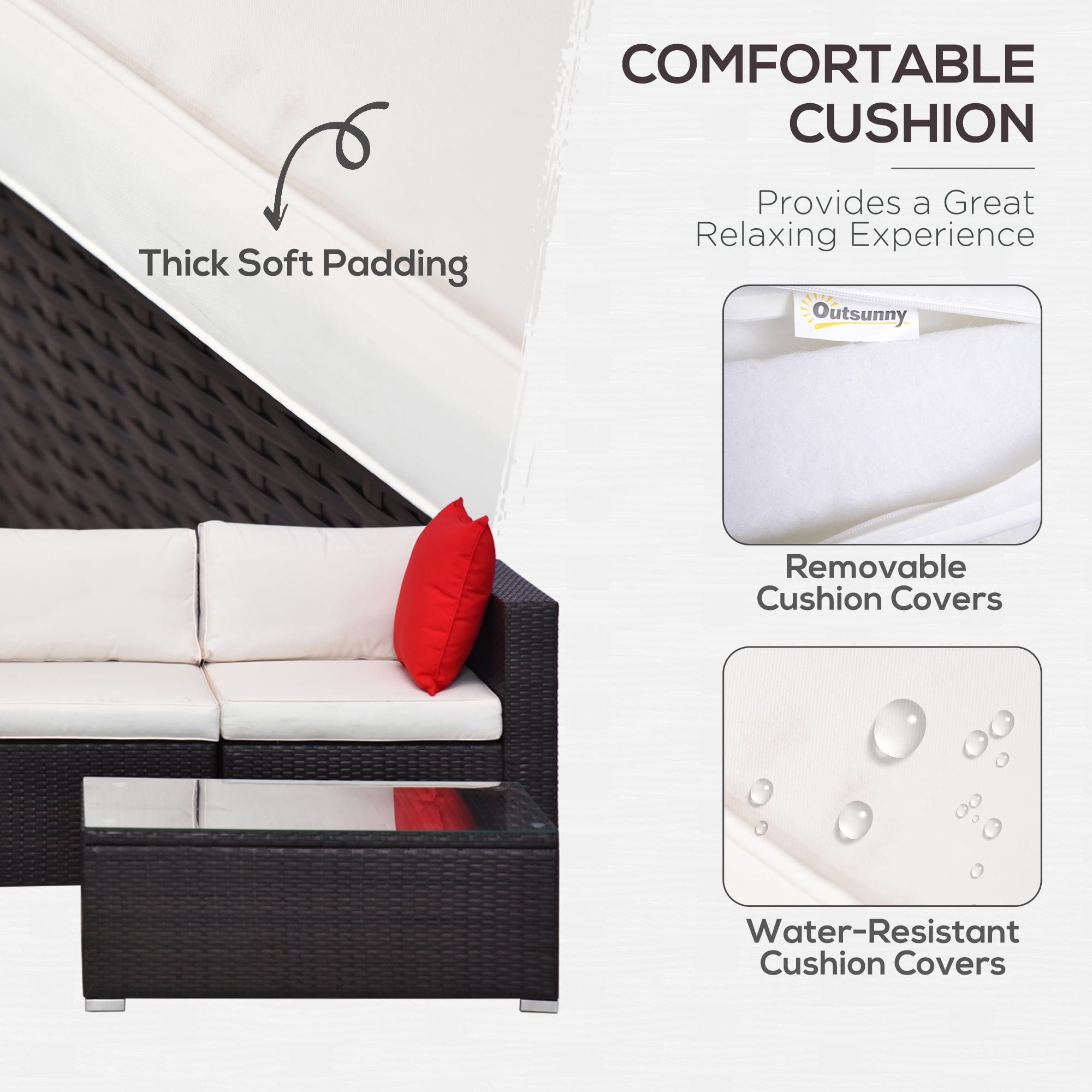 Outsunny 5-Piece Outdoor Sectional Furniture, Patio Sofa Set, PE Wicker Couch, Cushions, Pillows, Ottoman, Coffee Table, Cream White