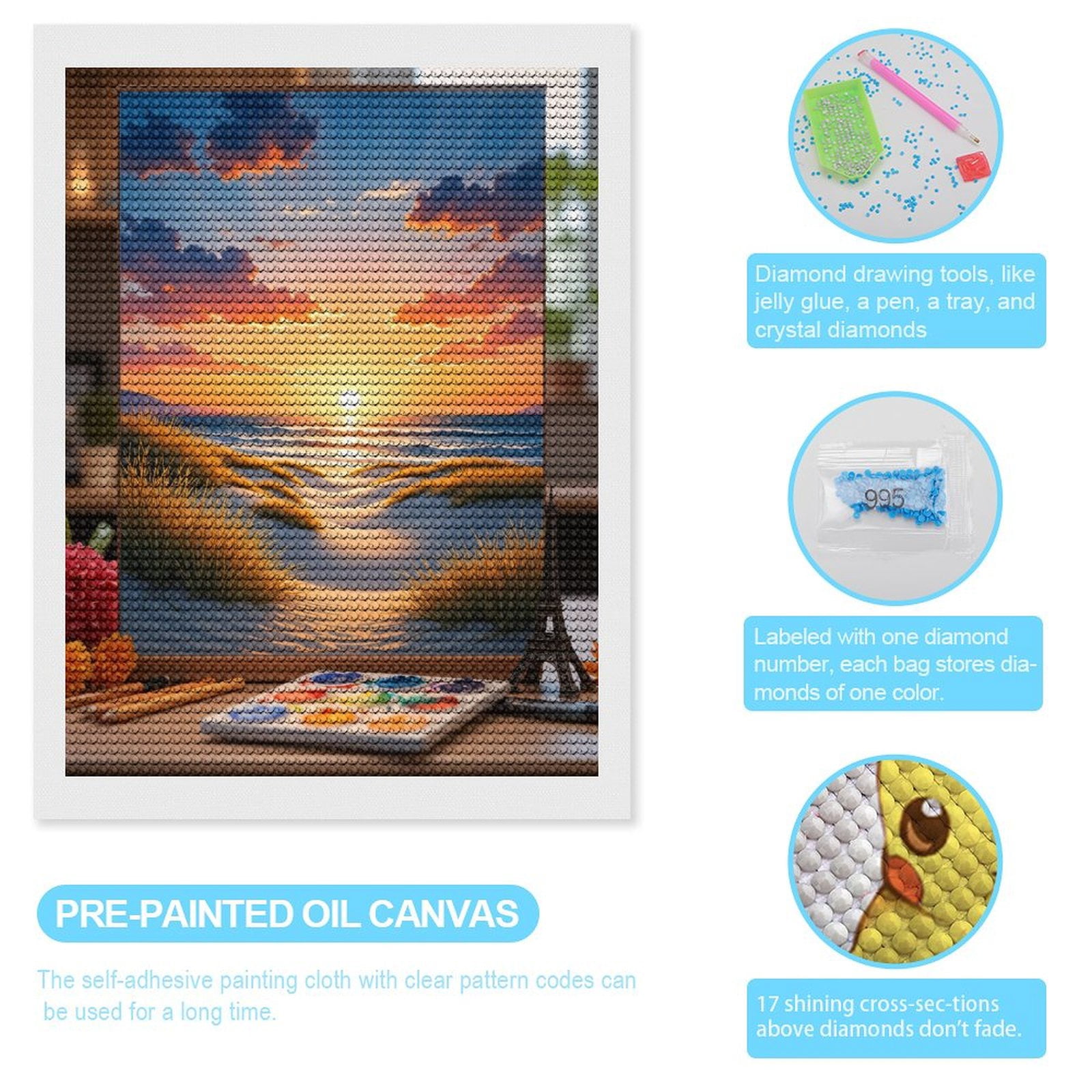 Diamond Art Kits for Adults, Sunset Beach Canvas Art 5D Diamond Painting Kits for Adults Beginners, DIY Full Drill Diamond Painting, Gem Art and Crafts 12x16