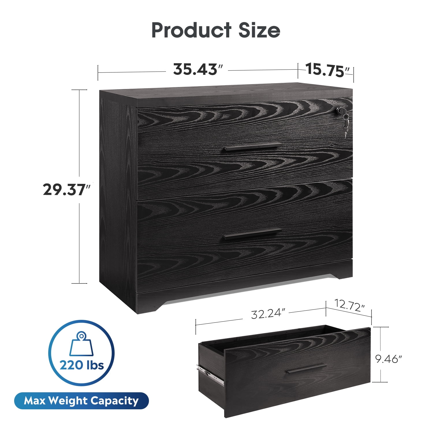 GALAXHERO 2 Drawer File Cabinets Wood Lateral Filing Cabinets with Lock for Home Office, Black
