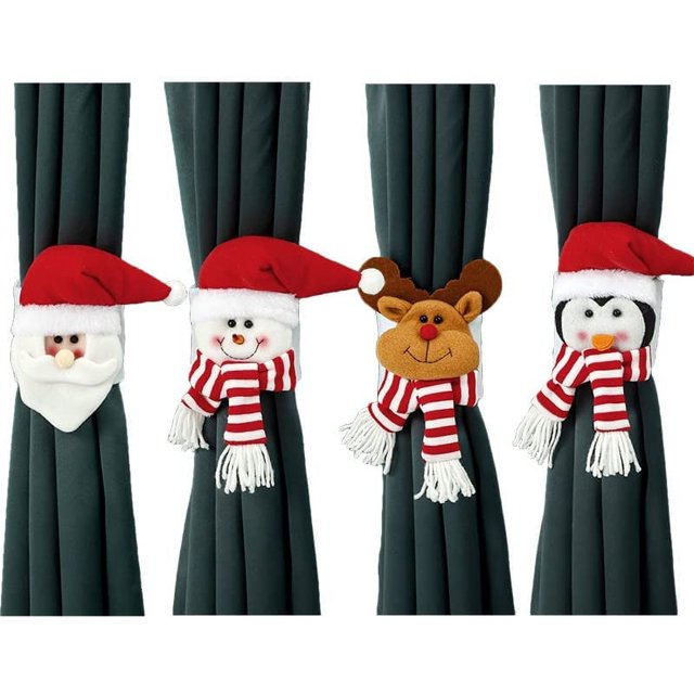 Botón de cortina navideña, muñeco de nieve, Papá Noel, alce, pingüino, soporte para muñecas de dibujos animados, suministros de decoración de ventanas navideñas (4 piezas)