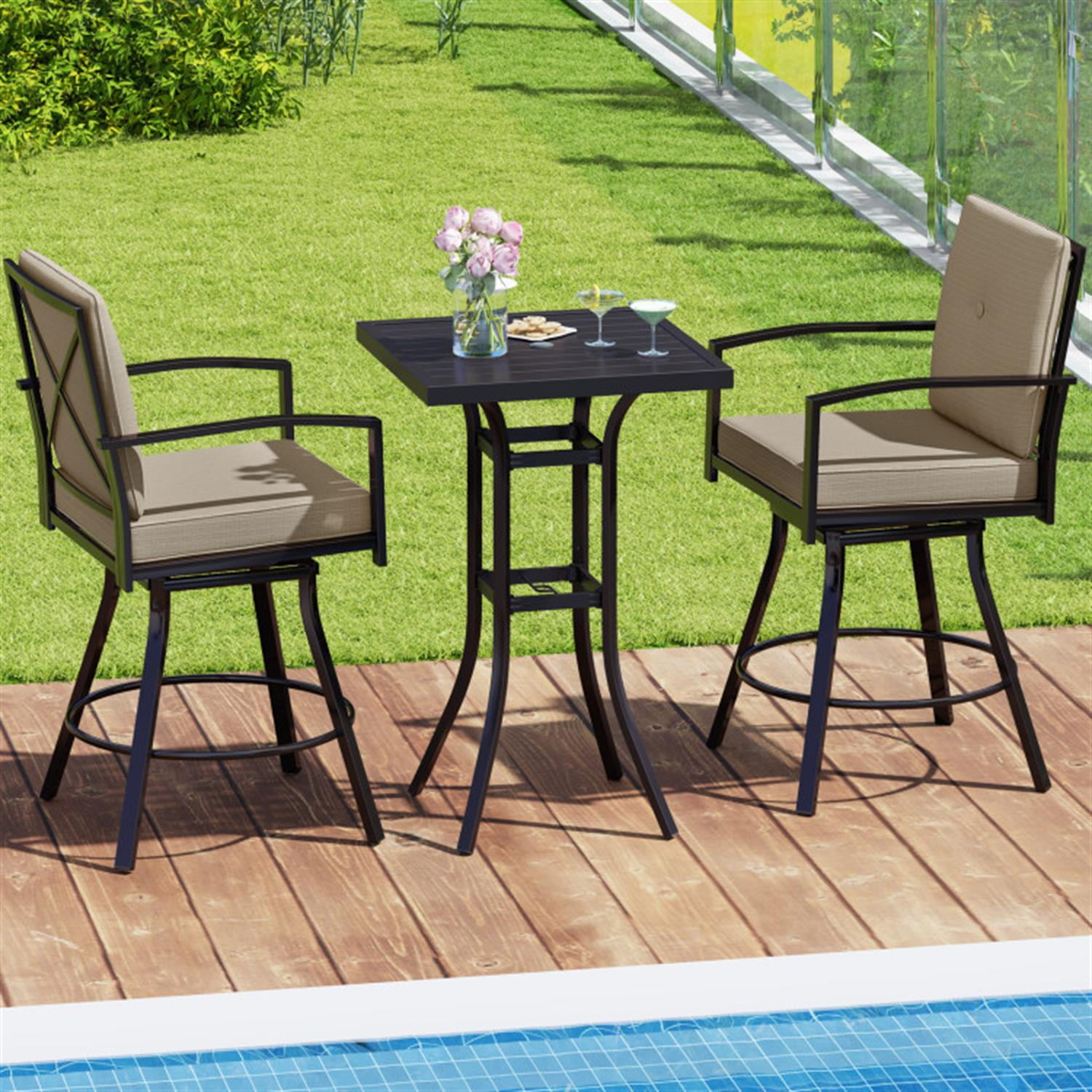 Demi Bonn 3 Pieces Patio Swivel Bar Set with Soft Cushions and Umbrella Hole, Outdoor Bistro Sets Accent Furniture for Yard, Garden, Brown