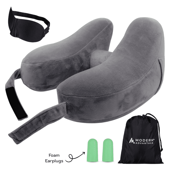 Modern Advantage Soft Inflatable Travel Pillow, Neck Pillow for Sleeping on Airplane Supports Head, Neck & Chin with Ear Plugs & Drawstring Bag (Grey)