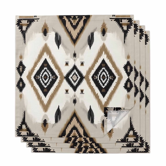 Boho Black Brown Cloth Napkins, Geometric Southwestern Ethnic Retro Washable and Reusable Dinner Napkins Set of 4, Table Napkin for Kitchen Party Birthday Wedding Hotel Housewarming 20"x20"