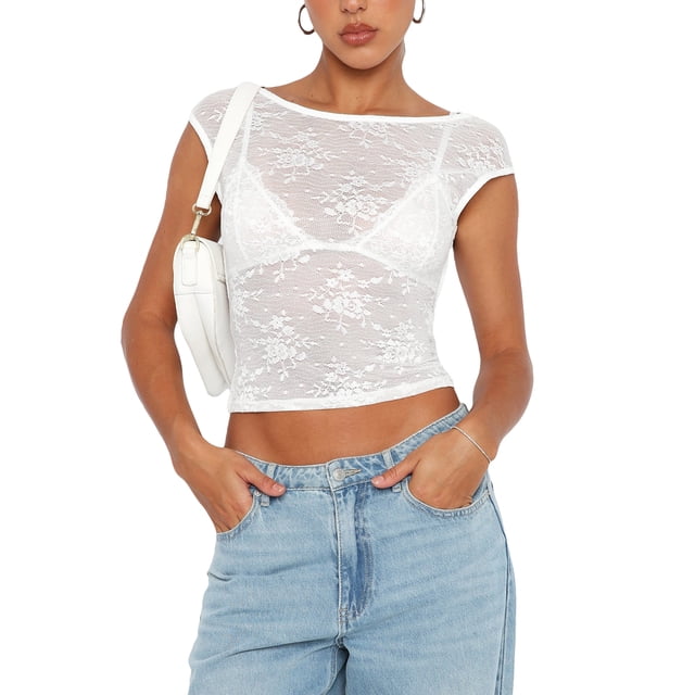 WIFORNT Hauts pour Femmes, Manches Courtes Dos Nu en Dentelle Transparente Décontractée pour Fête d'Été