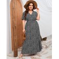 thumbnail image 4 of Large Size Women's Summer Floral Dress Wrap V Neck Short Sleeve Ruffle A-Line Flowy Maxi Wedding Guest Dresses, 4 of 7