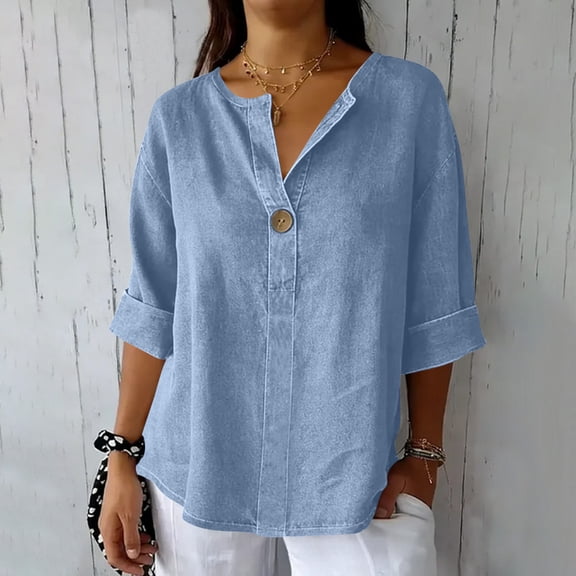 Womens Tops Plus Size S-5XL Button V Neck T-Shirts for Women Elbow Length Sleeve Solid Color Pullover Fall Tees Gifts for Mom