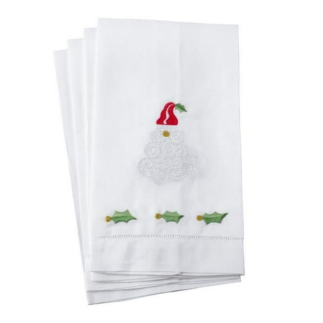 Santa Claus Serviette d'Invité Brodée en Lin et Coton, Blanc - Ensemble de 4