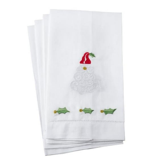 Embroidered Santa Claus Christmas Hemstitched Linen Cotton Guest Towel, White - Set of 4