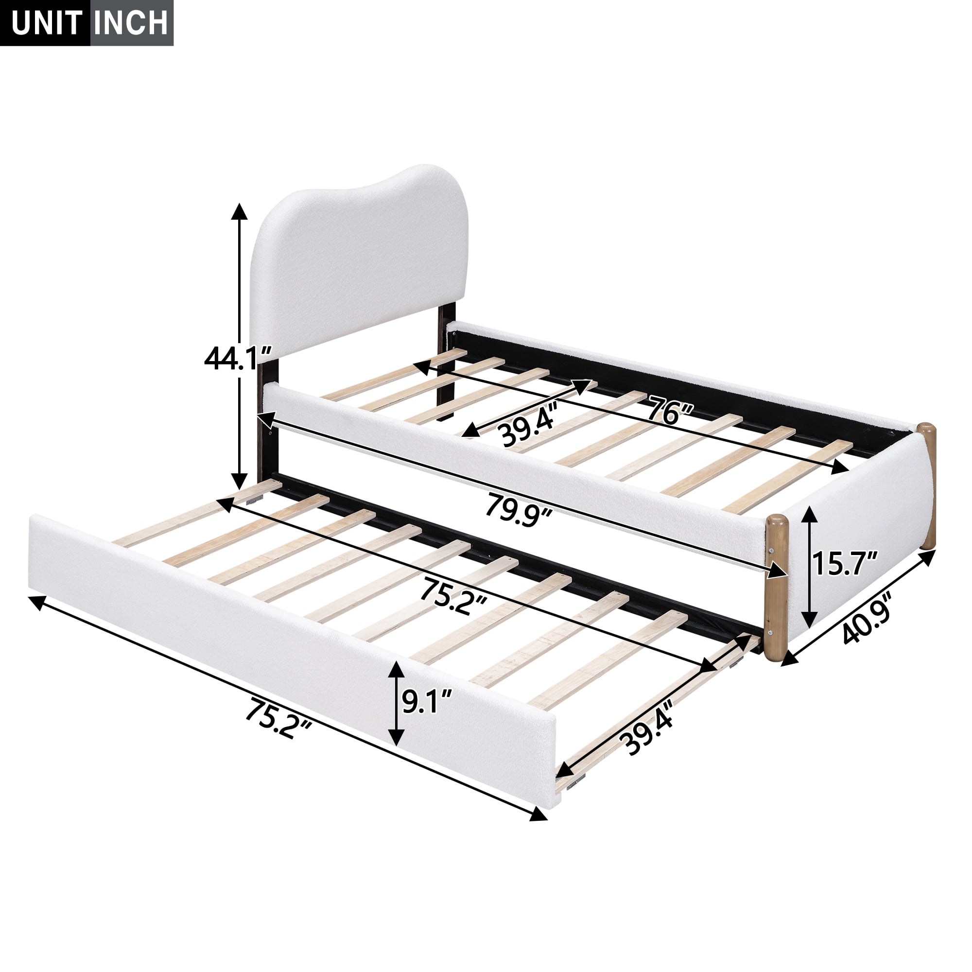 EUROCO Upholstery Twin Size Platform Bed with Trundle, Upholstered Headboard and Wood Support Legs for Kids Teens, White