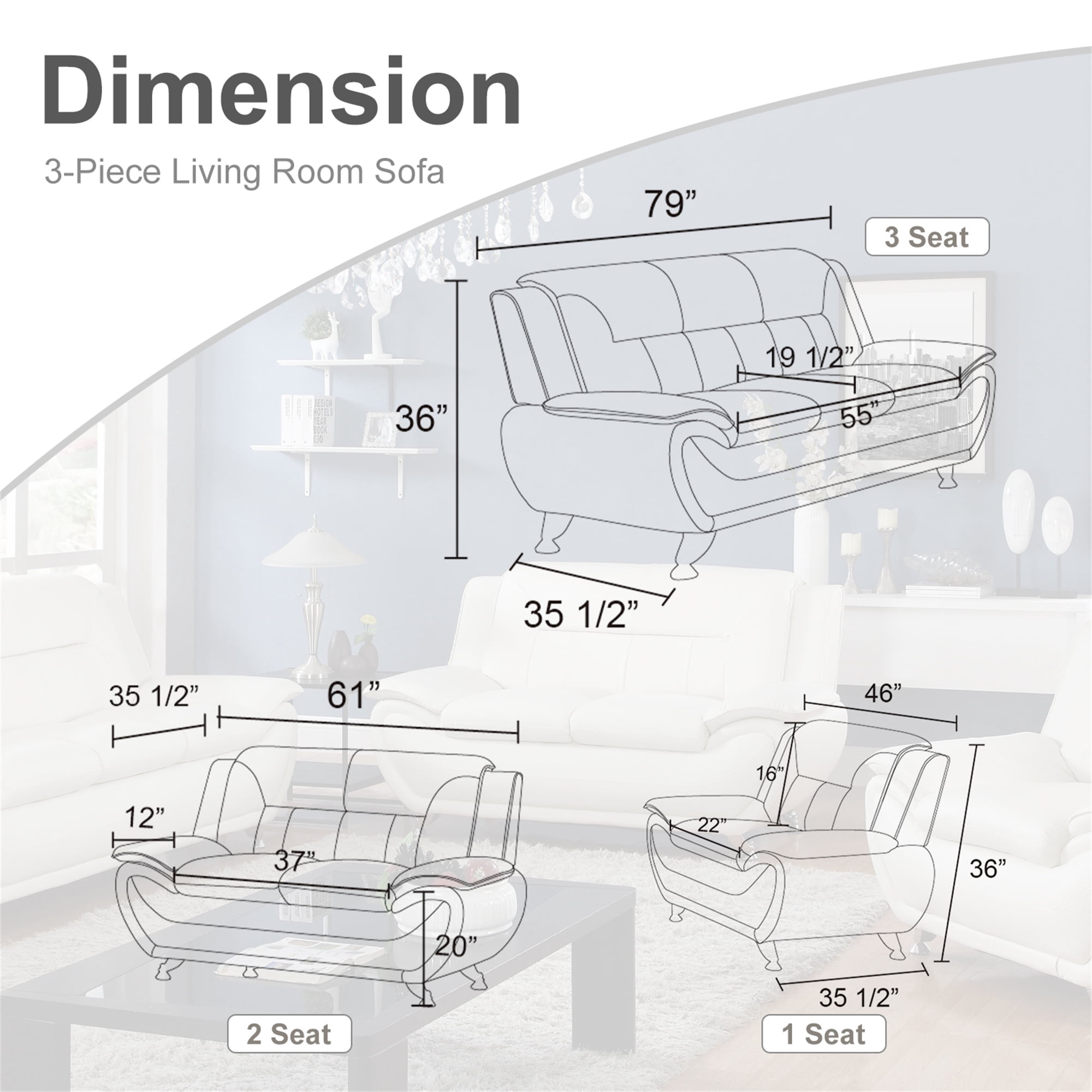 Aukfa 3 Piece Sofa Set - 46" Wide Upholstered Sofa Couch Armchair, Leather, White