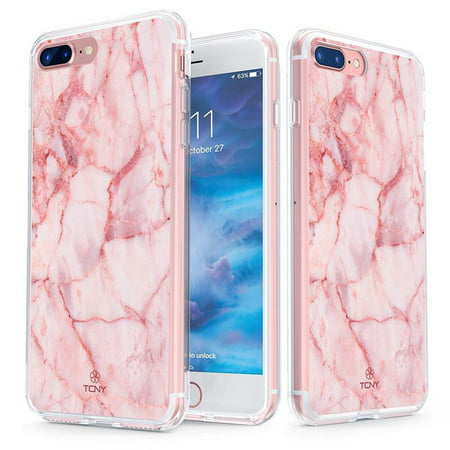 iPhone 8 Plus Marble Case - True Color Clear-Shield Pink Glossy Marble Printed on Clear Back - Perfect Soft and Hard Thin Shock Absorbing Dustproof Full Protection Bumper (Best Dustproof Iphone 7 Plus Case)