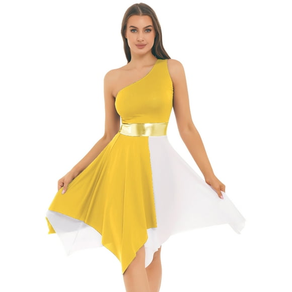 Lejafay Women's Asymmetrical Praise Dance Tunic Color Block Liturgical Worship Costume Lyrcial Dance Dress Yellow S