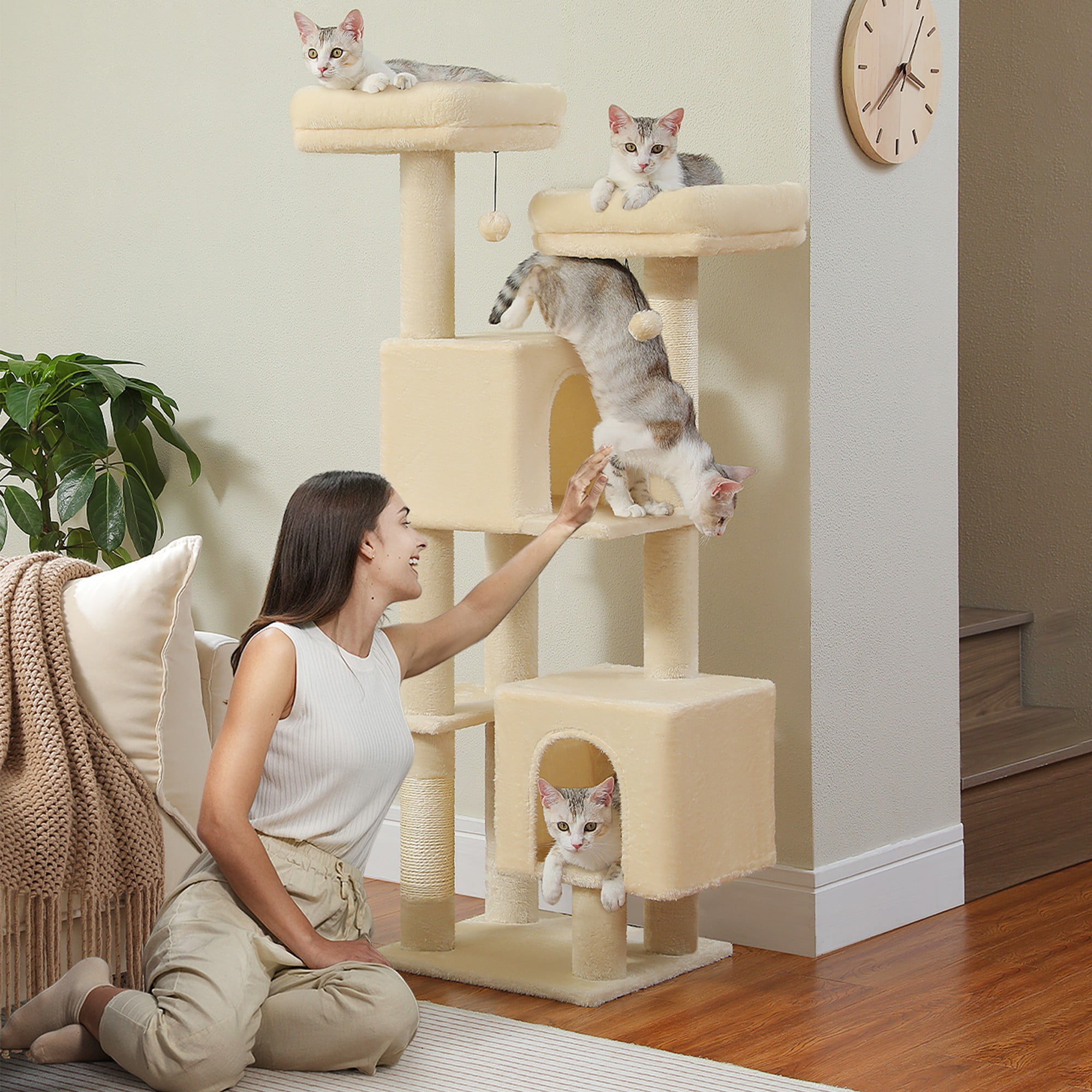 Kadyn 52" Multilevel Cat Tree Tower for Indoor Cats, Plush Cat Tree House with 2 Padded Perches, 2 Condos and 2 Scratching Posts, Beige