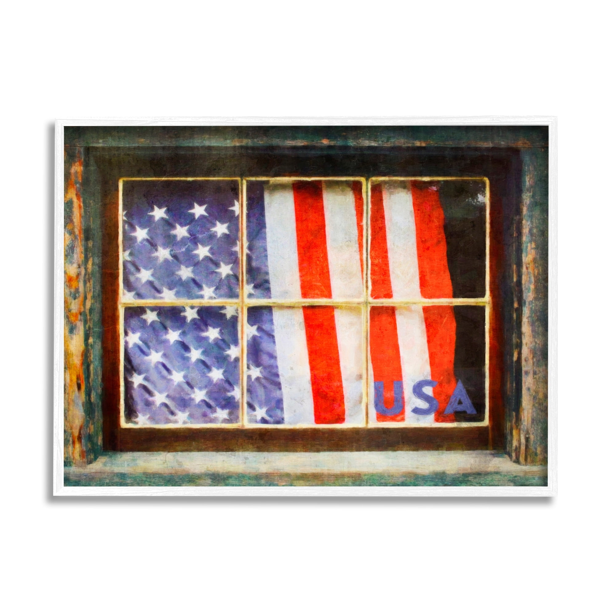 Stupell Industries Patriotic Flag Rustic Window Festive Home Painting White Framed Art Print Wall Art, Design by Graffitee Studios