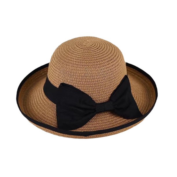 Sombrero tipo pescador con ala ancha ondulada de encaje y protección solar, decorado con un lazo de cinta.