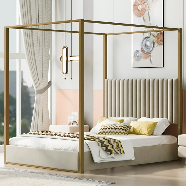 HMYG Lit Plateforme à Baldaquin Format Grand avec Tête de Lit et Cadre en Métal, Beige