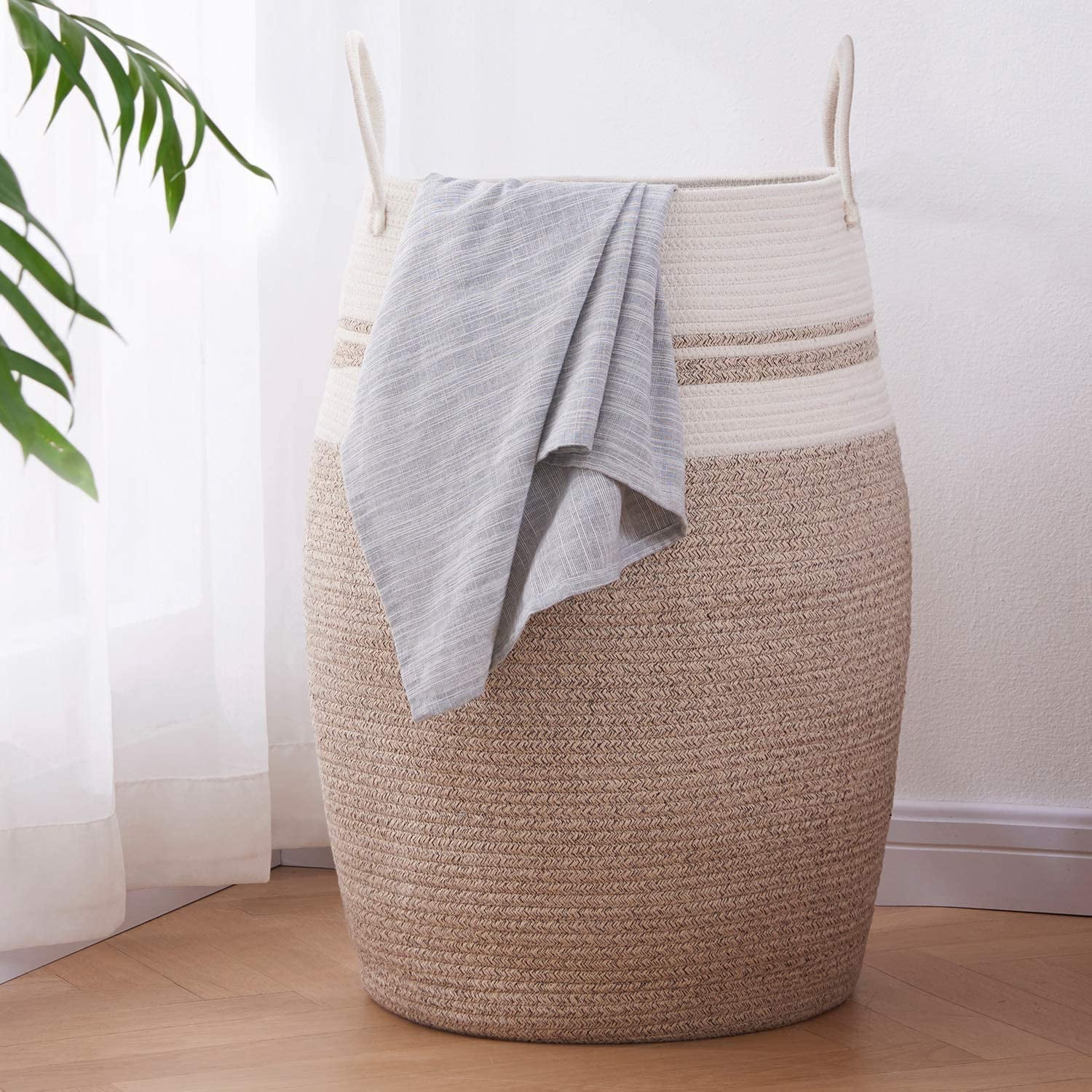 OIAHOMY Laundry Hamper-Laundry Basket,Tall Cotton Storage Basket with  Handles,Decorative Blanket Basket for Living room,Collapsible Large Basket  for