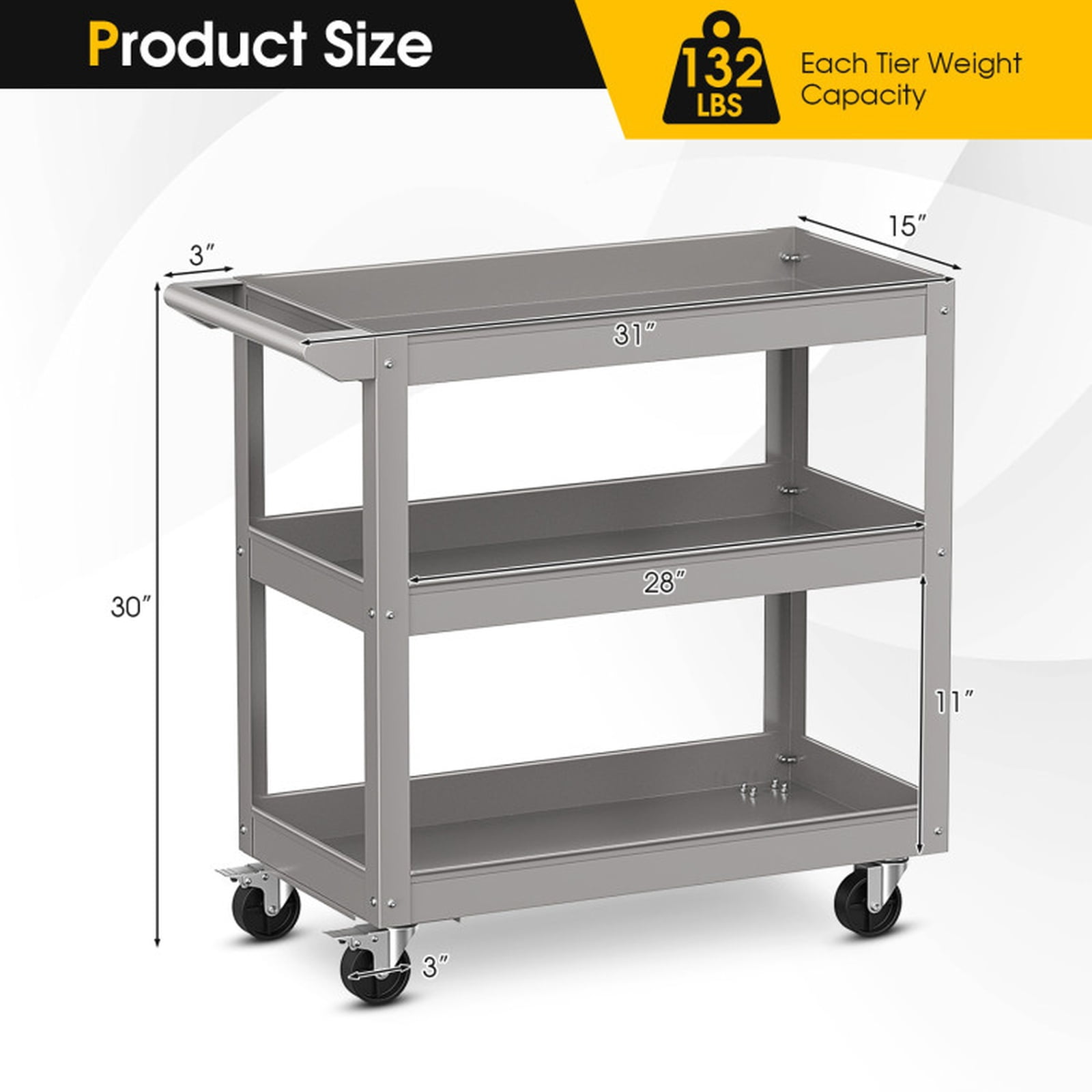 Biotree 3-Tier Metal Utility Cart Tool Trolley Flat Handle 2 Lockable Wheels 400 lbs - Gray