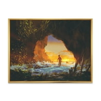 Designart 'The Sea Cave At Sunset With The Man Walking In' Nautical & Coastal Framed Canvas Wall Art Print