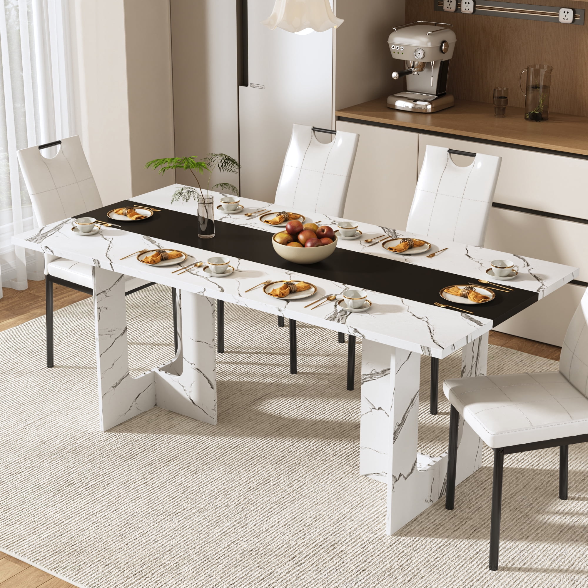 ANPOO 7 Piece Dining Table Set with 6 Chairs, 71" Kitchen Table & Chairs Set for 4-8 People, Rectangle Dining Table with Wooden Legs for Dining Room, Living Room