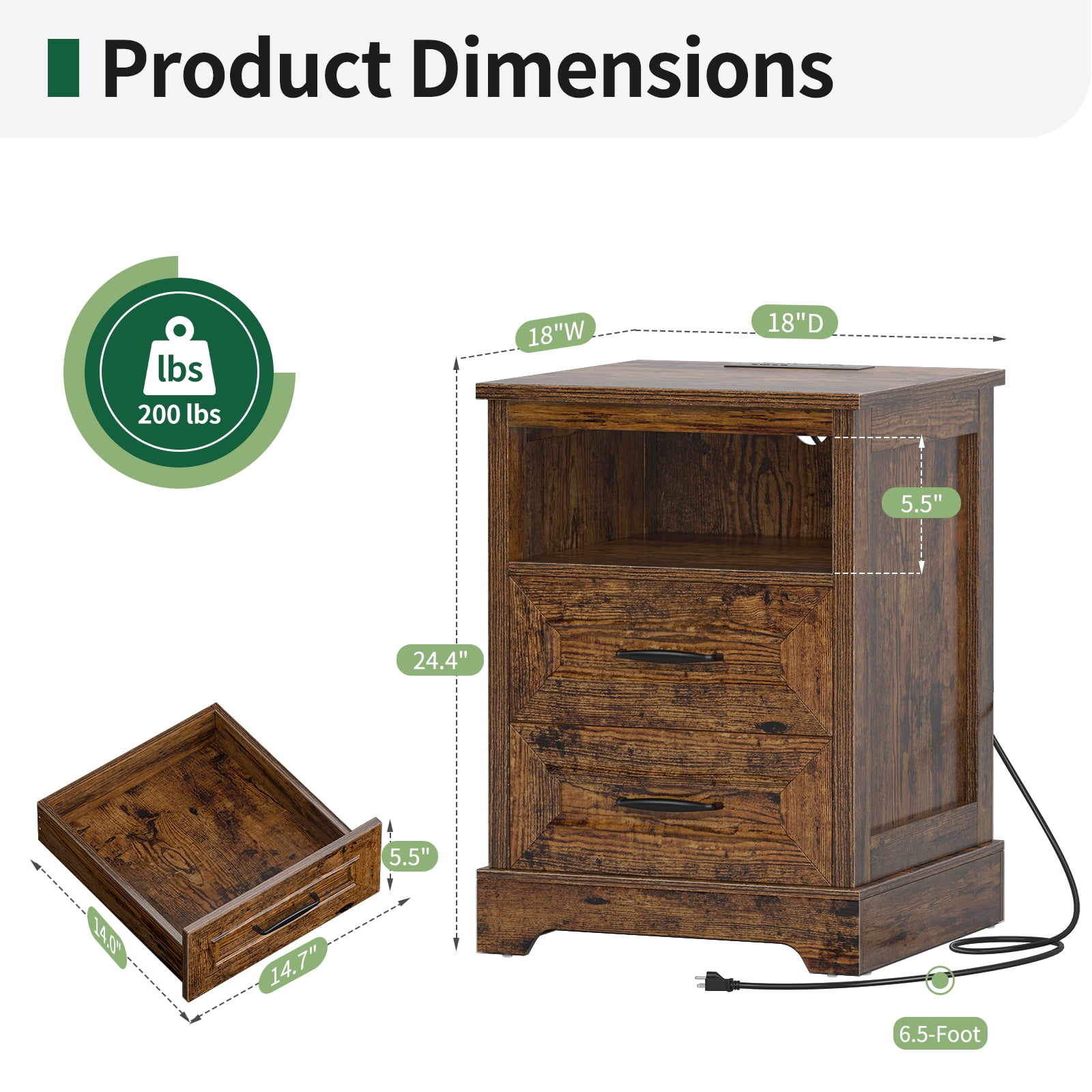 Farmhouse Side Table End Table with 2 Drawers, 18" Wood Nightstand with Charging Station & Storage Shelf, Night Stands for Bedroom Living Room,Brown