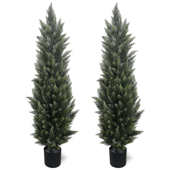 Qunli 2‑Pack 5Ft Artificial Cypress Trees, Potted Faux Evergreen Shrubs for Indoor & Front Porch Patio Decor,Garden Entryway Decoration