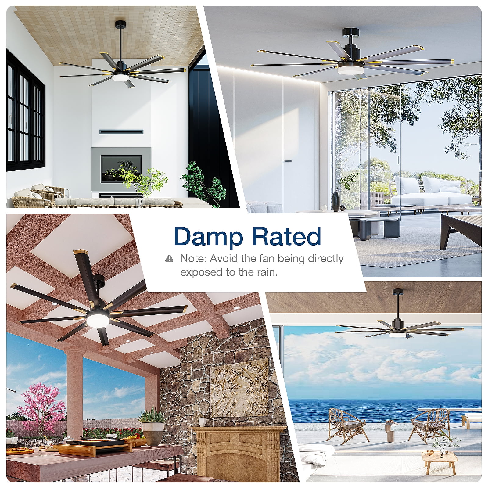 84 Inch 8 Aluminum Blades Ceiling Fans with Lights, Indoor/Outdoor Black Ceiling Fan with Remote Control, Reversible DC Motor, 3CCT, Dimmable, Damp Rated Ceiling Fan for Bedroom, Patio, Black