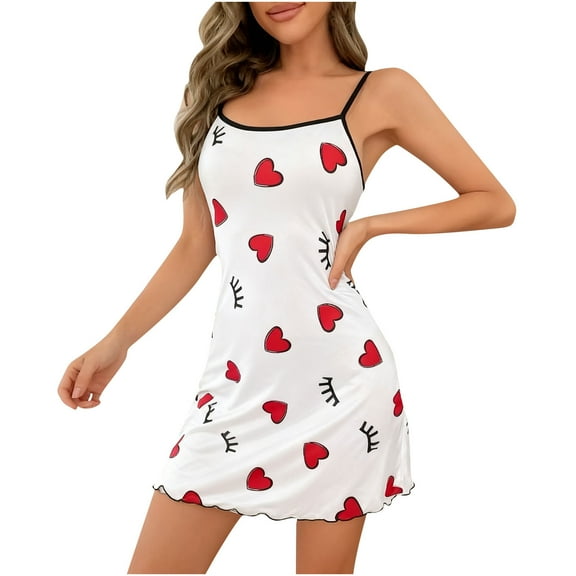 Gytharion Womens Short Satin Nightgown Cute Heart Print Cami Sleepdress Lightweight Comfy Silk Sleepwear Soft Loose Spaghetti Straps Slip Crew Neck Nightshirt Loungewear