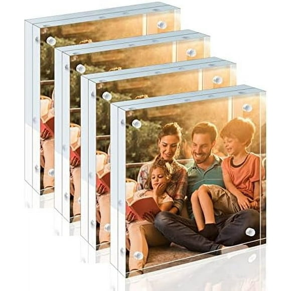 5x5 Acrylic Frames 4 Pack,20mm Thicker Frameless Clear Picture Frames, Double Sided Magnetic Picture Frames, Free Standing Desktop Display 4 5x5