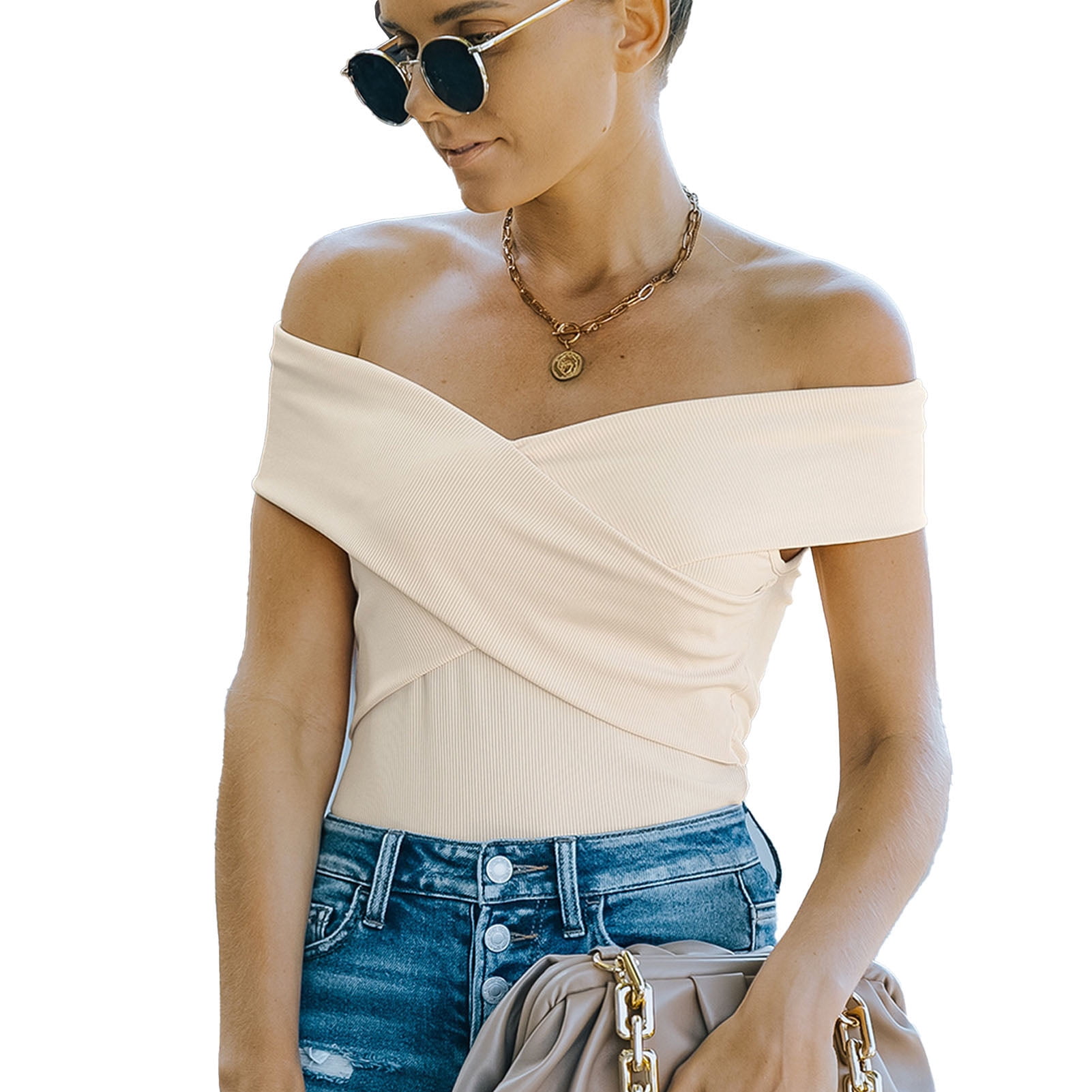 deep v neck off shoulder top