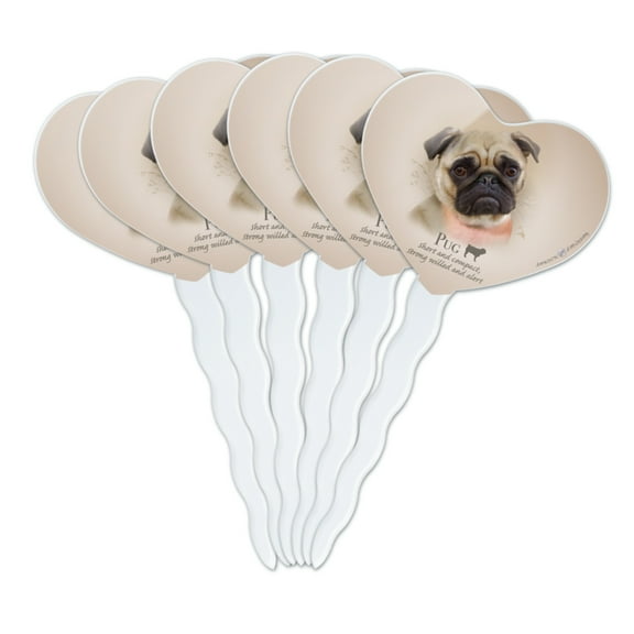 Pug Dog Breed Heart Love Cupcake Picks Toppers Decoration Set of 6