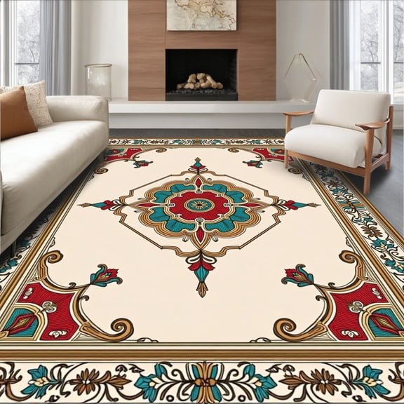 ODIKA 4'x6' Machine Washable Non-Slip Area Rug, Vintage Medallion Anti Slip Indoor High Traffic Rug, Red, 478545