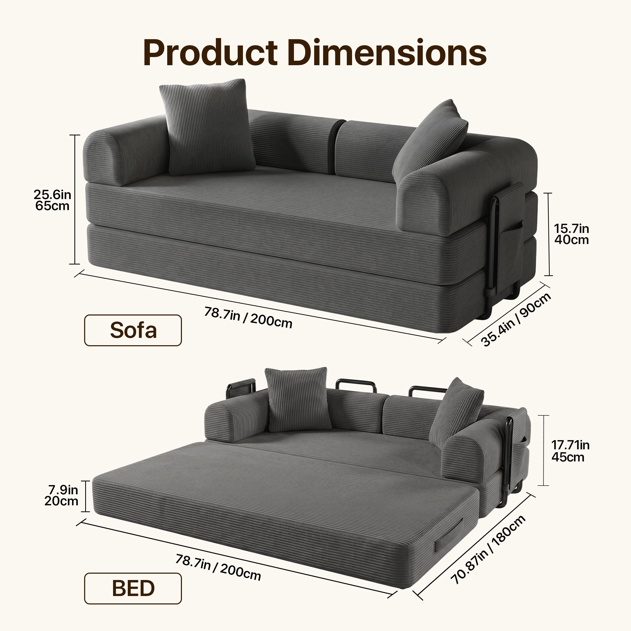 Modular Sectional Sofa Couch with Two Storage Bag, Plush Corduroy Upholstered Couch, Modern Sleeper Couches for Living Room, No Assembly Required, Gray