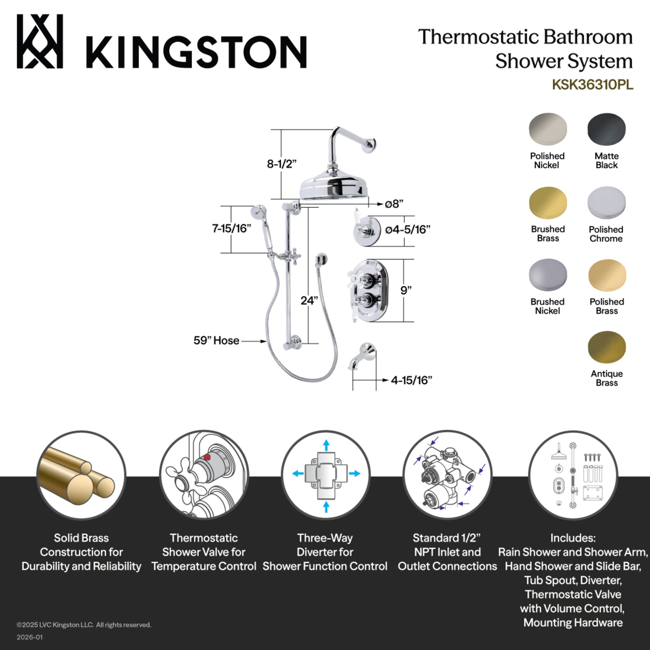 Kingston KSK36300PL Restoration Thermostatic Tub and Shower System, Matte Black