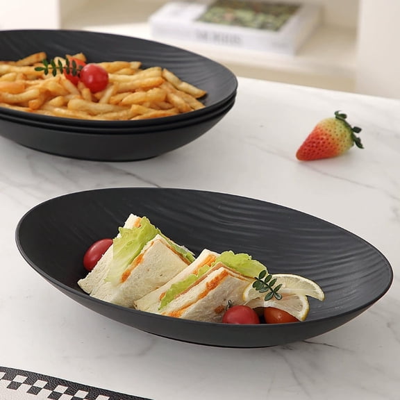 Modern Matte Black Ribbed Oval Deep Plates, 10.63" Unbreakable Plastic Serving Bowls for Salad, Pasta, Soup, Dining, Camping, Dishwasher Safe
