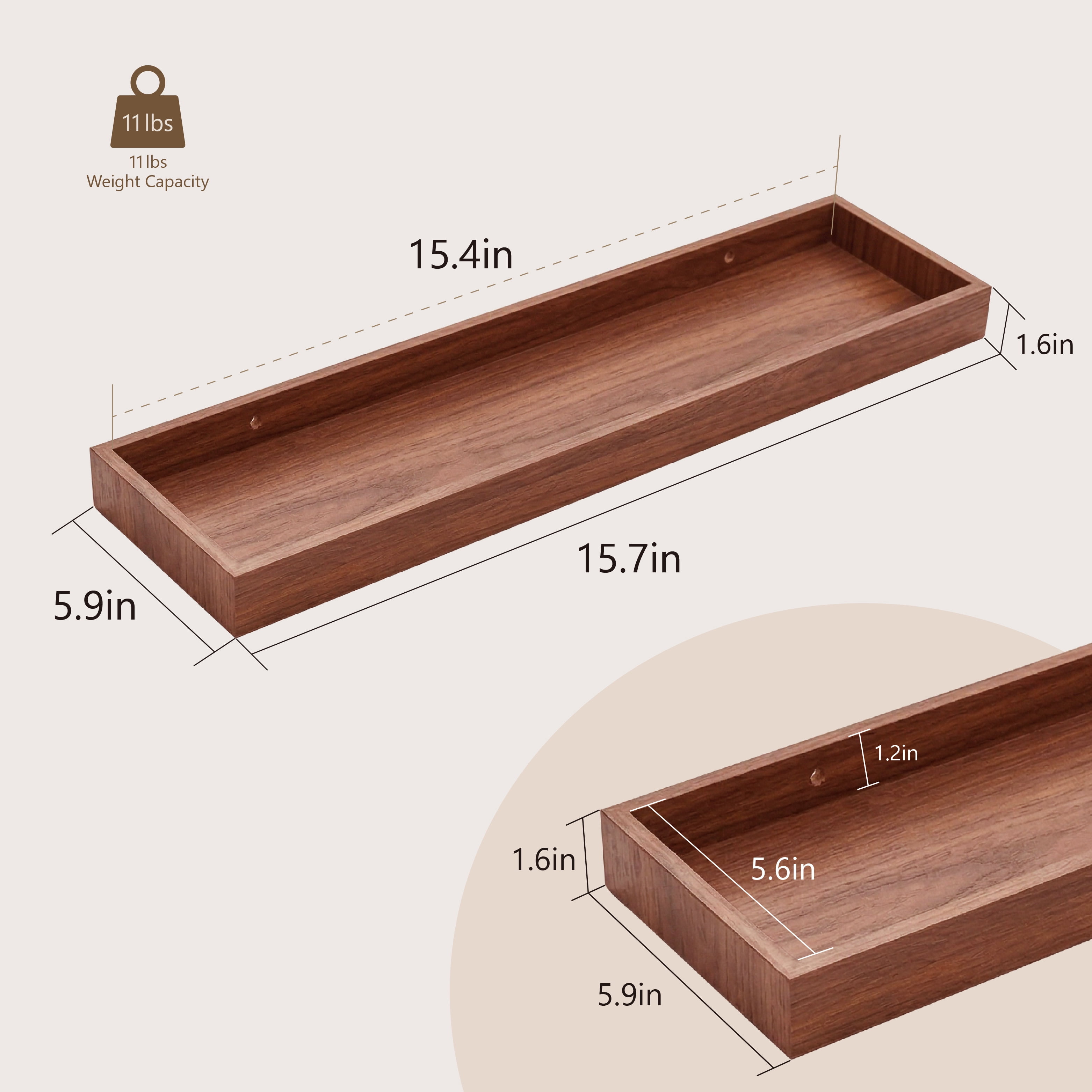 Mifurn 15.7" Floating Shelves for Wall, with Raised Lip, Set of 2, Walnut