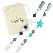 Pacifier Clip Boy, BPA Free Silicone, Use with Any Pacifier or Teether, 2 Pack (Navy/White/Turquoise/Gray)