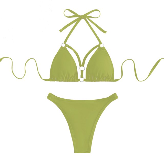 Traje de baño de bikini para mujer con cuello halter y cierre de correa con anillo vinculado sin espalda, traje de baño de 2 piezas verde guisante M