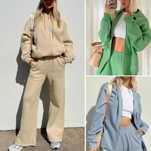 Neinkie 2 Pcs/Set Women Coat Pants Set Solid Color Soft Warm Zipper Cardigan Hat Elastic Waist Drawstring Autumn Tracksuit for Daily Wear