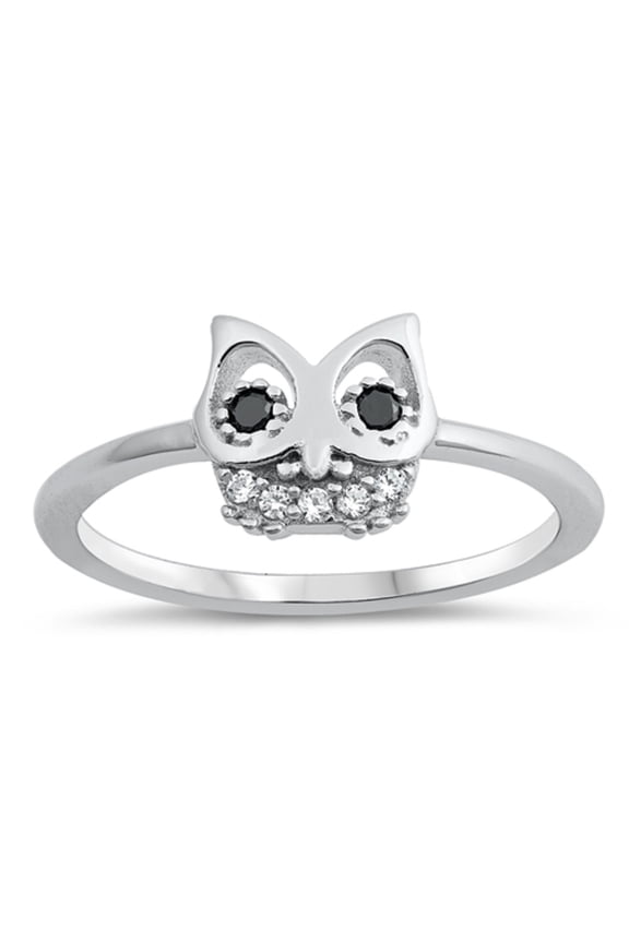 Black And Clear Cubic Zirconia Owl Ring Sterling Silver Size 5