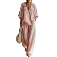thumbnail image 2 of Cotton Linen Sets for Women 2 Piece Batwing Sleeve V Neck Shirts and Wide Leg Pants Set Casual Outfit,Pink XXL, 2 of 5