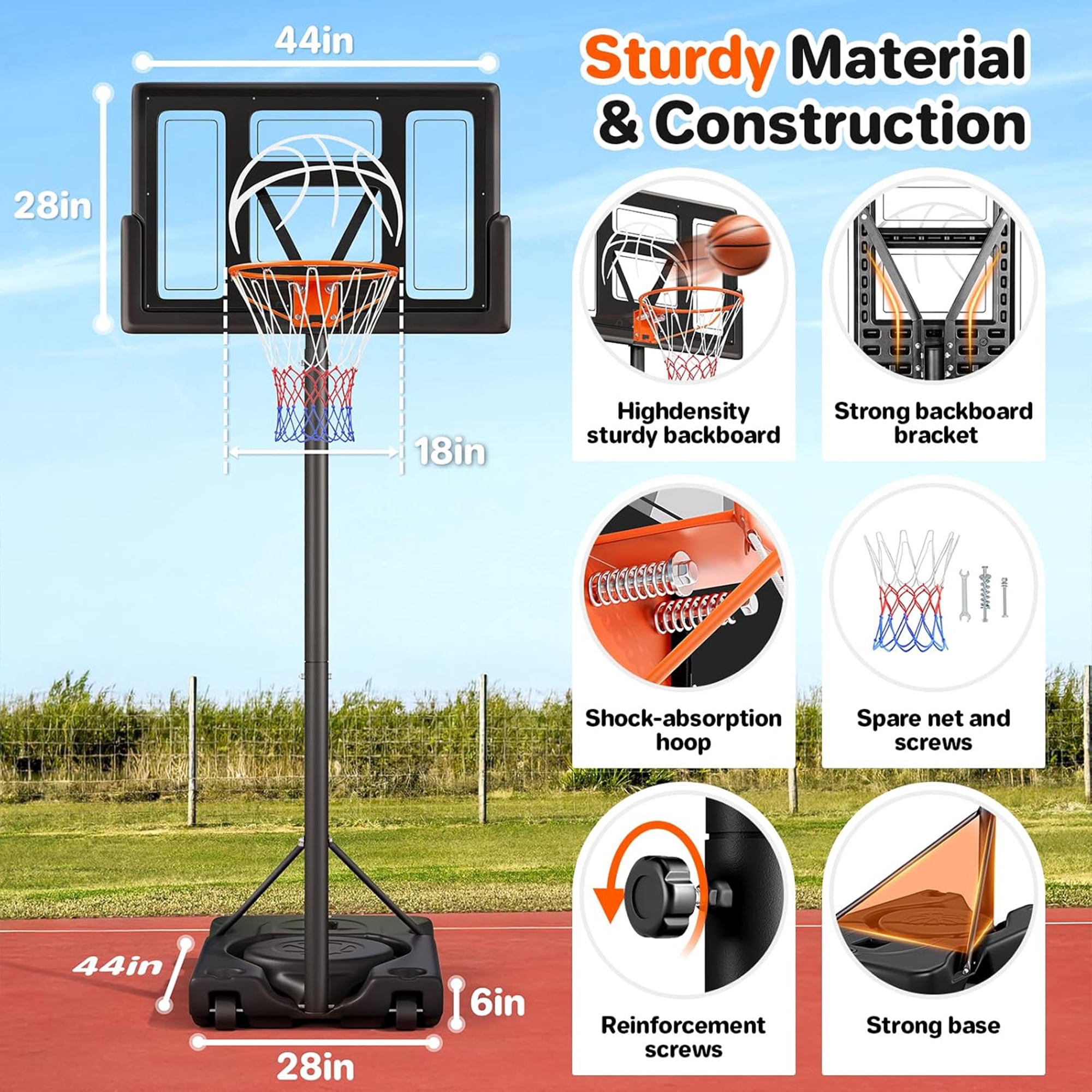 Tonbux Adjustable Basketball Hoop Outdoor 10FT, Basketball Portable Hoops & Goals, 44 Inch Backboard, for Kids, Youth, and Adults in The Backyard, Driveway