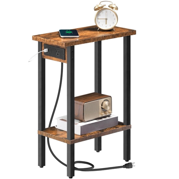 HOOBRO End Table with Charging Station, 2-Tier Narrow Side Table, Slim Bedside Table with Open Storage, Skinny Nightstand for Liv