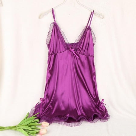 

Women s Thin Silk Sling Nightdress V-neck Solid Color Nightdress Solid Color Lace Sling Home Wear Pajamas