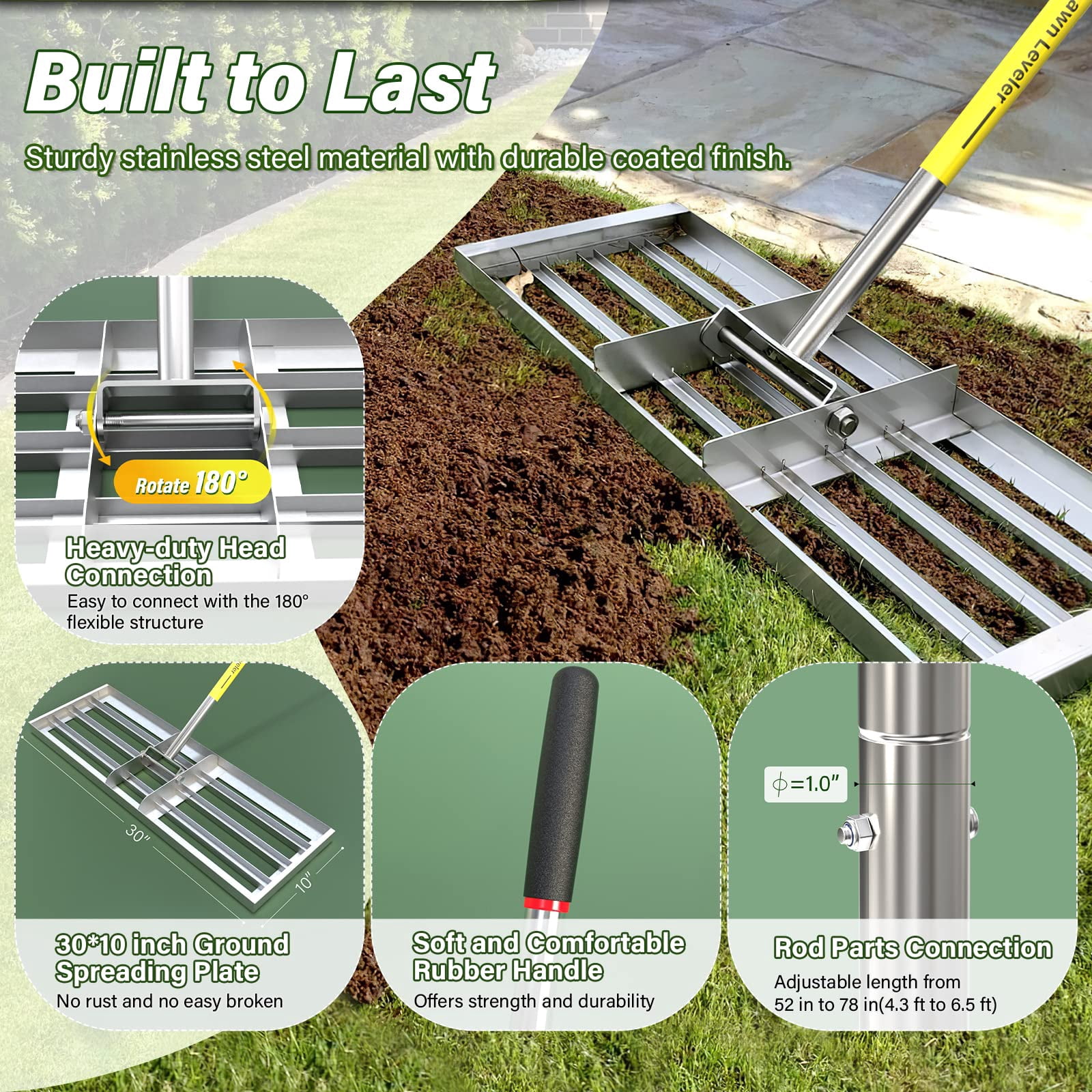 Lawn Leveling Rake, 30 x 10 inch Lawn Leveler Rake with Adjustable Stainless Steel Handle, Lawn Level Tool for Soil with Handle for Yard, Garden, Golf Leveling, 6.5FT