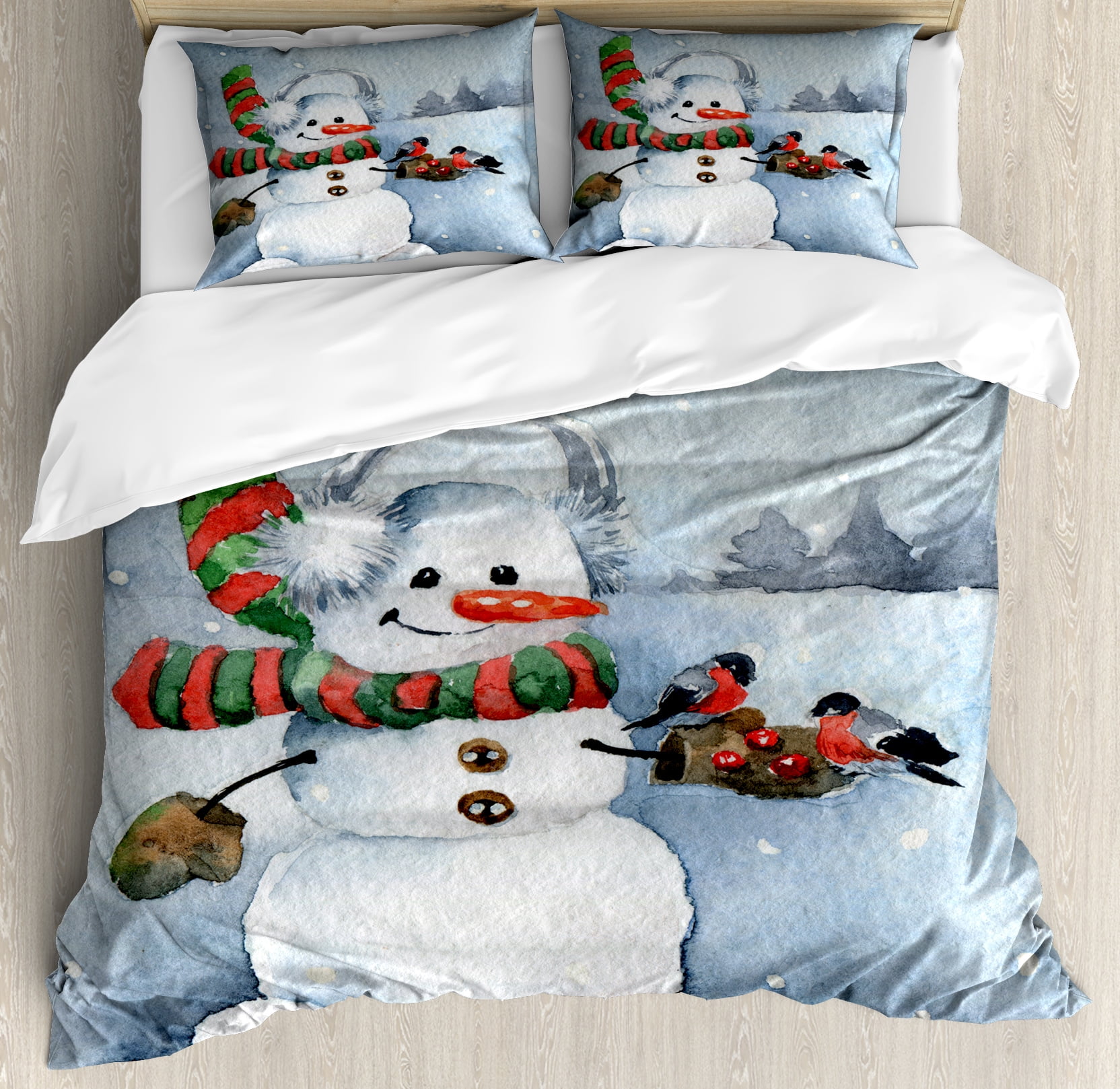 Snowman Duvet Cover Set Watercolor Style Snowfall Outdoors Merry