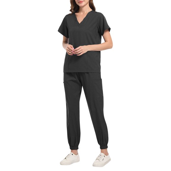 WTOBBY Women's V-Neck Ankle Cuff Short Sleeve Scrubs Set, Solid Color with Pockets, 2-Piece Nursing Uniform, Medical Workwear for Caregivers, Modern Design,Black L
